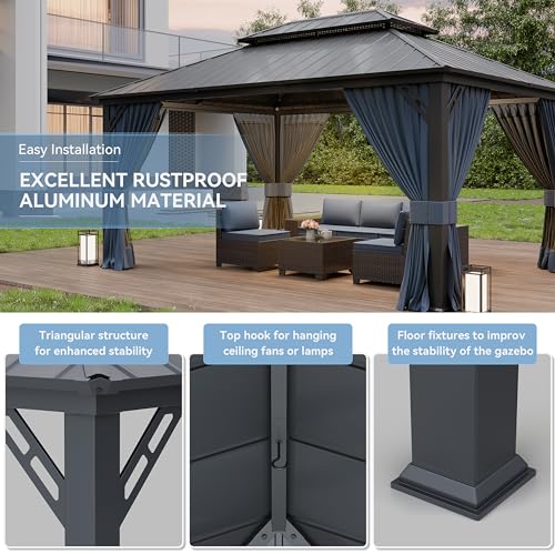 Kurapika 12' x 16' Hardtop Gazebo Outdoor Metal Pavilion with Galvanized Steel Roof, Curtains & Netting Navy Blue