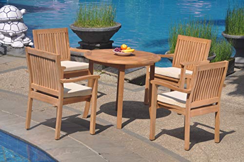 WholesaleTeak 5-Piece Grade-A Teak Wood Dining Set with 36" Round Table and 4 Stacking Arm Chairs Teak