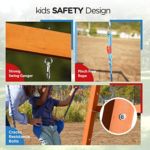 DOLPHIN PLAYGROUND T Wooden Swing Set with Slide & Climbing Wall for Kids Ages 3-9
