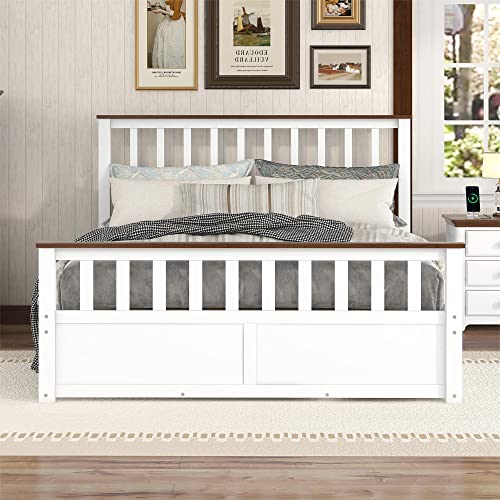 FAVSH Queen Size Wood Platform Bed with Drawers White/Walnut