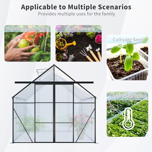 KEIKI 8x10 FT Double Door Polycarbonate Greenhouse with Aluminum Frame Black