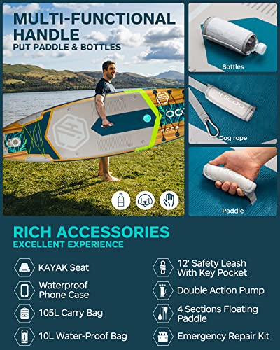 HICOO Inflatable Paddle Board with Kayak Seat, Double Blade Paddle, Waterproof Bag - Wooden Dark Blue