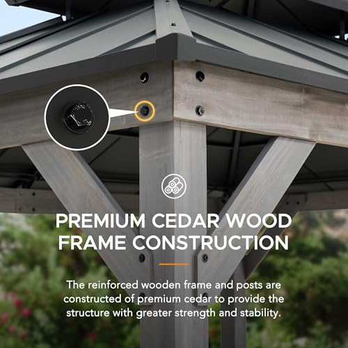 Sunjoy 10x12 ft. Wood Gazebo Outdoor Patio Cedar Framed Steel Hardtop Black + Gray Wood
