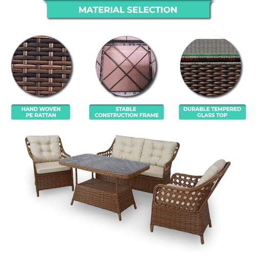Angora Shira Rattan Outdoor Furniture Set with Glass Table and Armchairs Brown