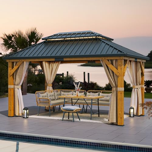 YITAHOME 13x15FT Wood Gazebo Double Roof Hardtop Canopy with Curtain and Netting Beige Yellow
