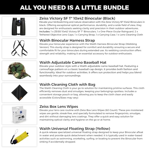 ZEISS 10x42 Victory SF Binoculars Bundle with Harness Strap, Camo Hat, Cleaning Cloth & Lens Wipes (Black/Yellow)
