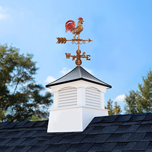Good Directions 30" Square Coventry Vinyl Cupola with Black Aluminum Roof and Copper Bantam Red Rooster Weathervane White/Black/Red