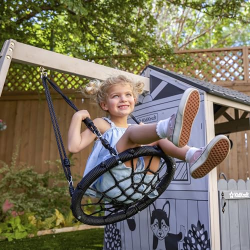 KidKraft Savannah Swing Wooden Outdoor Playhouse with Web Swing and Play Kitchen White/Gray