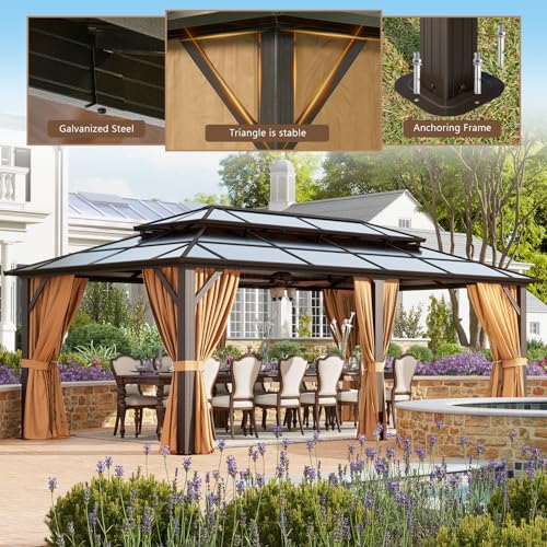 oneinmil 12'x20' Hardtop Gazebo with Netting and Curtains, Aluminum Frame, Heavy Duty Canopy for Patio, Backyard, Lawn Brown