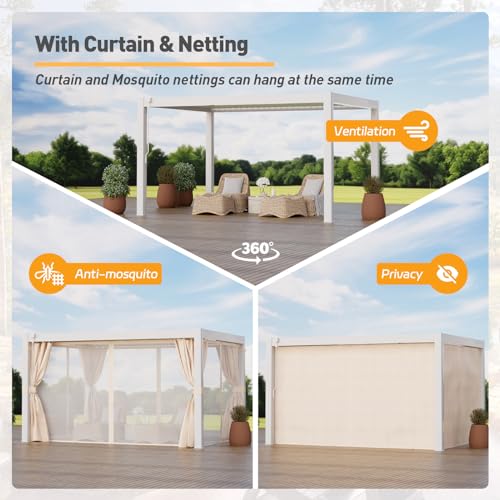 COSIEST 10'×13' Louvered Aluminum Pergola with Adjustable Roof & Curtains White