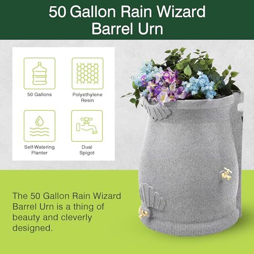 Good Ideas Rain Wizard 50 Gallon Rain Saver Barrel Water Storage Urn with Planter Space and 2 Brass Spigots Oak