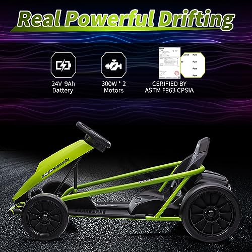 Nasitip 24V Kids Go Kart 300W Motors 9Ah Battery 8MPH Drifting Toy Green