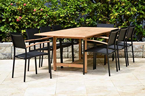 Amazonia Kenneth 9-Piece Extendable Patio Dining Set Durable Teak Wood Black Sling Chairs Black