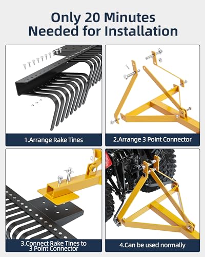 KYBOLT 60-Inch Tractor Rake 3-Point Attachment for Landscape Leveling and Gardening Black/Yellow