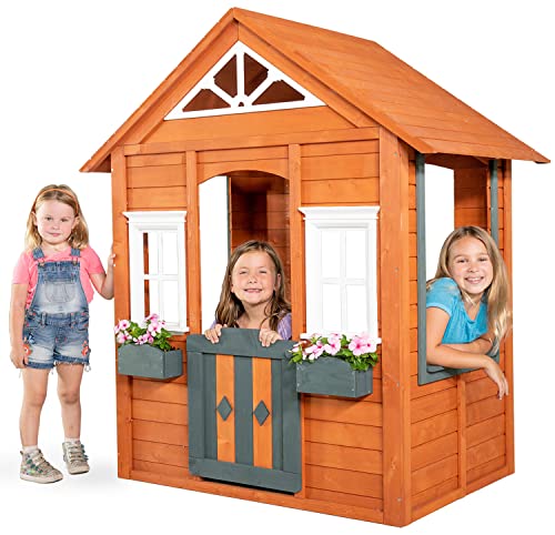 Sportspower Woodbridge Wooden Outdoor Playhouse with Flower Boxes Red