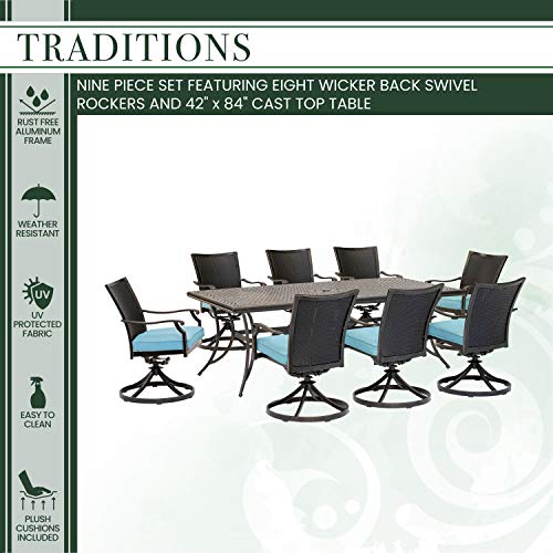 Hanover Traditions 9-Piece Outdoor Dining Set with 8 Cushioned Swivel Rocker Chairs and 42" x 84" Table Blue