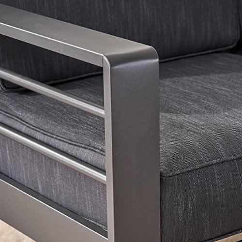Great Deal Furniture Outdoor Loveseat and Fire Pit Set Grey with Dark Grey Cushions