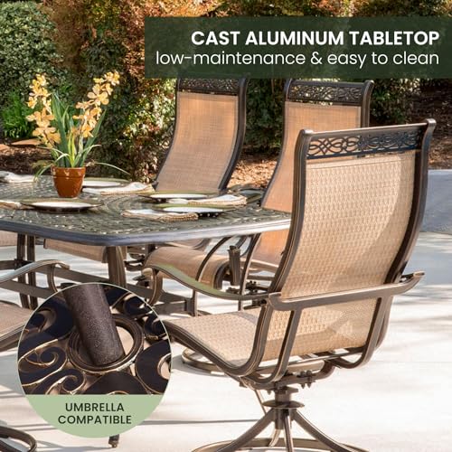 Hanover Manor 7-Piece Outdoor Dining Set with Cast-Top Aluminum Table and 6 Tan PVC Sling Rockers Cast/Sling