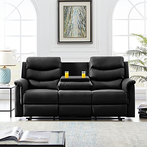 Eafurn Black Faux Leather Recliner Loveseat Sofa with Console 78.74