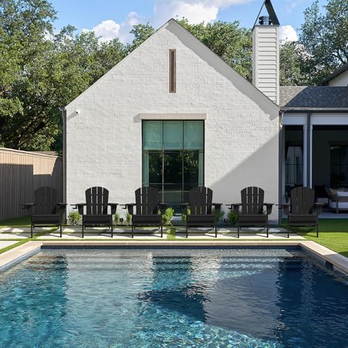 LOUNZY Folding Adirondack Chair Set of 6 All-Weather with Cup Holders Black