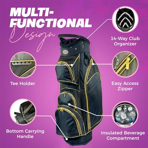 Taboo Fashions Women's Golf Bag Lightweight Ladies Cart Bag 14-Way 7 Zippered Pockets Rain Hood Insulated Beverage Compartment Black Gold