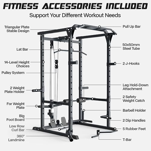 Mappding Power Cage with LAT Pulldown, Multi-Functional Squat Rack Black