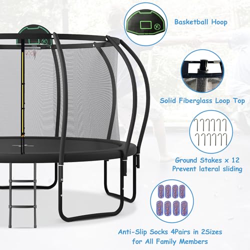 EMKK 15FT Trampoline for Kids with Safety Enclosure and Basketball Board Black Pumpkin Shaped