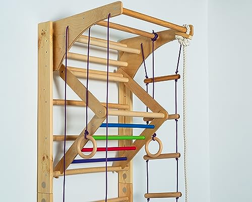 Generic Wooden Sport Ladder Set - Swedish Ladder w/Pull Up Bar, Rope Attachments, Monkey Triangle - Wall Stall Bars (Adjustable Pull Up Bar)