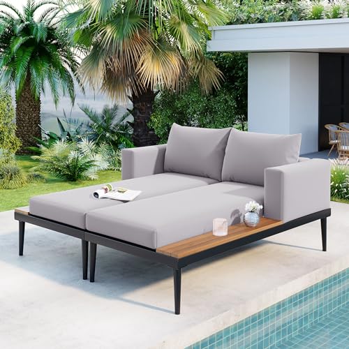 Merax Outdoor Patio Daybed with Wood Topped Side Spaces Grey