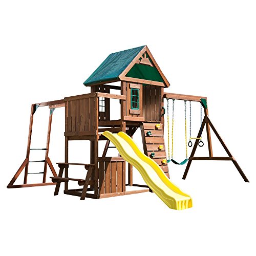 Swing-N-Slide Chesapeake Wood Play Set with Swings, Slide, Monkey Bars, Climbing Wall, Picnic Table, Brown
