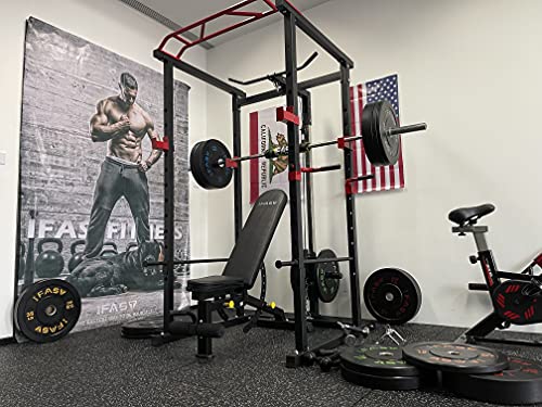 IFAST Power Cage 1000-Pound Capacity Olympic Squat Cage Power Rack with LAT Pull-Down Attachment, Red