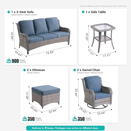 XIZZI 6-Piece Patio Furniture Set with Swivel Rocking Chairs, All Weather Wicker, Grey Rattan Denim Blue