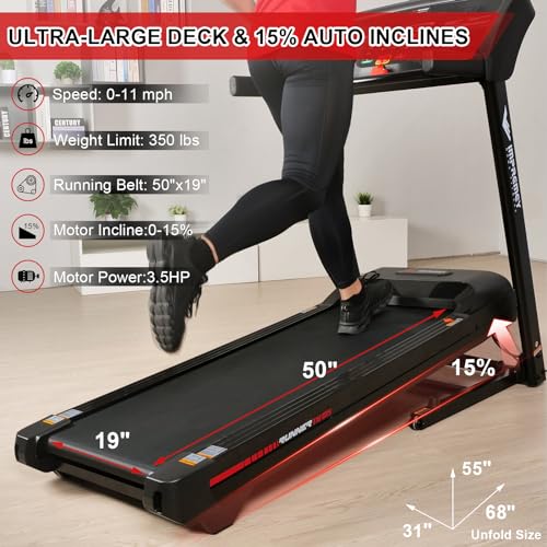 IMPREMEY Folding Treadmill with Incline 15%, 3.5HP Power, 350 Lb Capacity, 11 MPH, 50" x 19" - Black