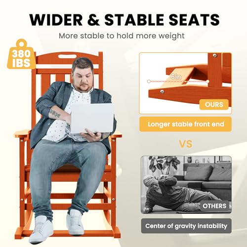 LOUNZY Outdoor Rocking Chair Set of 6 HDPE Patio Porch Rockers 380lbs Support Orange