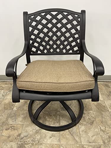 Patio Land Nassau Outdoor Cast Aluminum 9-Piece Dining Set with 46x86 Table and 8 Swivel Rockers Sunbrella-Linen-Sesame