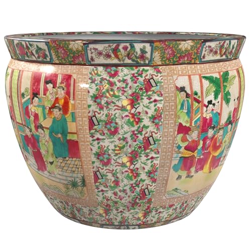 Red Lantern 20" Rose Medallion Porcelain Fishbowl Planter Rose Medallion