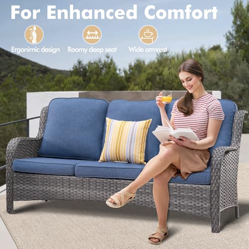 XIZZI 6-Piece Patio Furniture Set with Swivel Rocking Chairs, All Weather Wicker, Grey Rattan Denim Blue