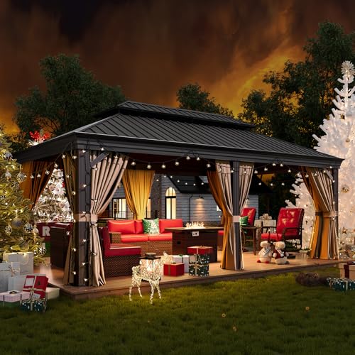 Sonegra 12' x 20' Permanent Hardtop Gazebo with Aluminum Frame and Double Roof Brown