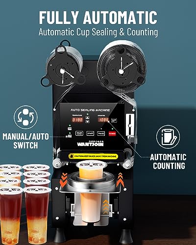 WantJoin Full Automatic Cup Sealing Machine 90/95mm Digital LCD Black