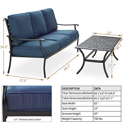 PatioFestival Heavy Duty 3-Person Cushioned Patio Loveseat with Coffee Table Blue
