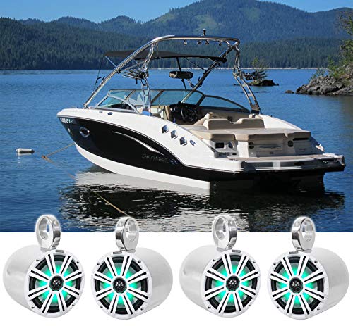 KICKER 8" 600 Watt Marine Boat Waterproof Speakers with LEDs and Rockville 7.7" Enclosures White