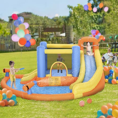 Outsunny Inflatable Water Slide 5-in-1 Bouncy Castle Orange/Blue/Yellow