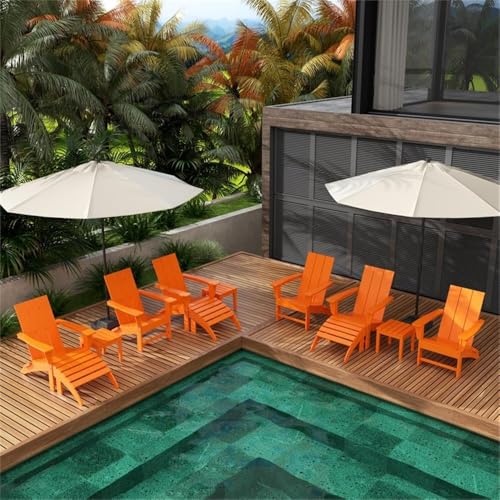 Costaelm Palms 12-Piece Modern Poly Folding Adirondack Chair Set with Ottoman and Side Table Orange