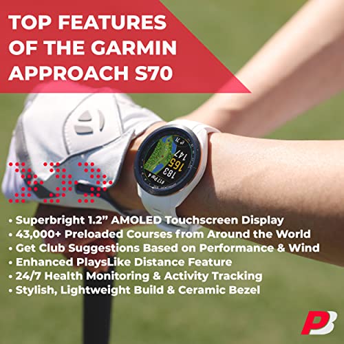 PlayBetter Garmin Approach S70 Golf GPS Watch 42mm White - AMOLED Display & Virtual Caddie Bundle