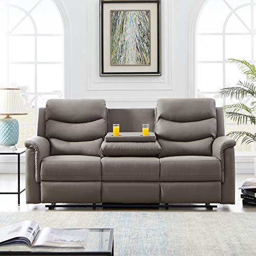 Eafurn Grey Faux Leather Double Recliner Loveseat Sofa with Console 78.74