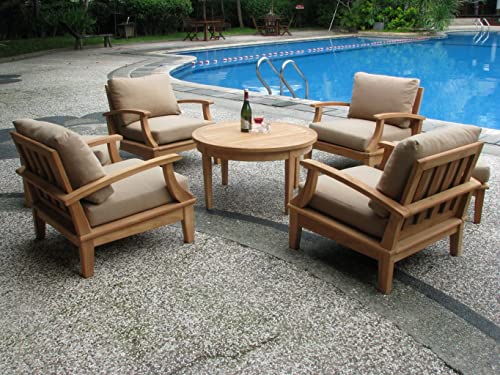 WholesaleTeak Somer 5 Pc Lounge Chair Set with Cushions - 4 Chairs & 36" Round Coffee Table, Canvas Antique Beige