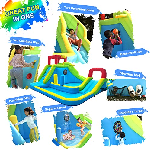 Tobargar Inflatable Water Slide Park with Dual Pools, Climbing Wall & Games, Multicolor