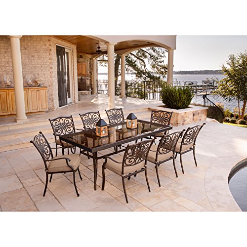 Hanover Traditions 9 Piece Outdoor Dining Set with Extra-Long Glass-Top Table Tan