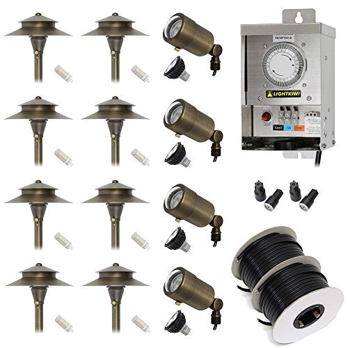 Lightkiwi Low Voltage LED Landscape Lighting Kit - (4) Macro Spotlights & (8) Path Lights Brass