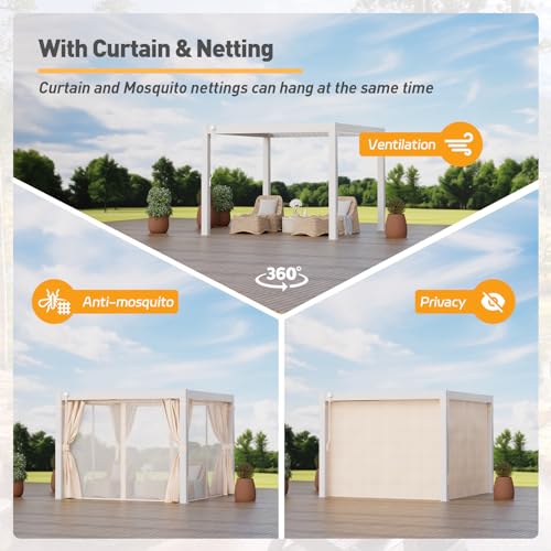 COSIEST 10'×10' Louvered Aluminum Pergola with Adjustable Roof, Netting & Curtains White